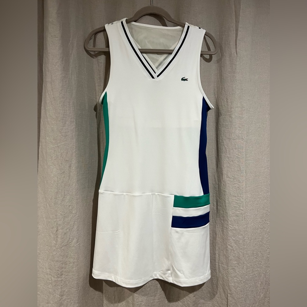 Lacoste Women’s Colorblock Stretch Jersey Dress. White, blue and green.